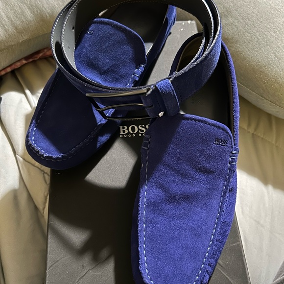 Blue Suede Hugo Boss Drimmo Moccasins 8 w/Matching Hugo Boss Calindo Belt 34 - Picture 2 of 8